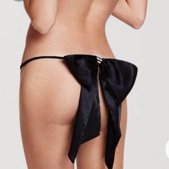 Victoria's Secret big black satin bow thong Small - Picture 1 of 3